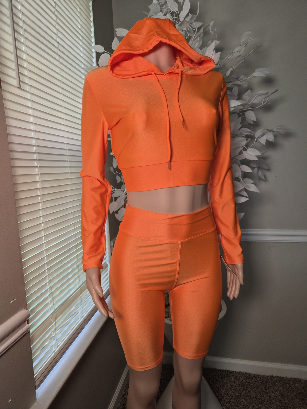 Neon Orange Cropped Hoodie & Biker Short Set